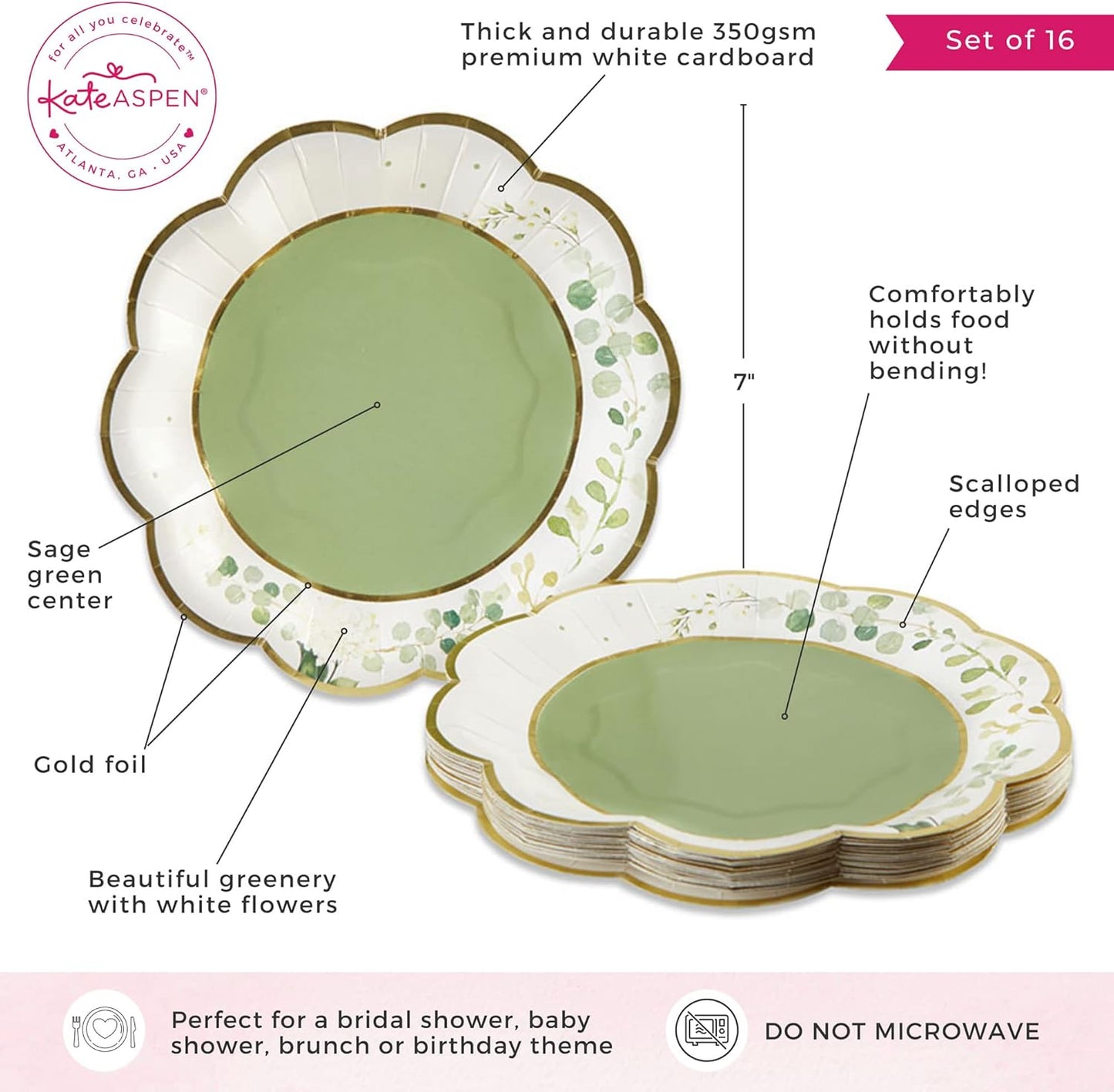 Sage Green Party Decorations, Eucalyptus Floral Print 7 In. Decorative Premium Paper Plates (350 GSM Weight -Set of 16) - Perfect for Greenery Baby Shower & Bridal Showers