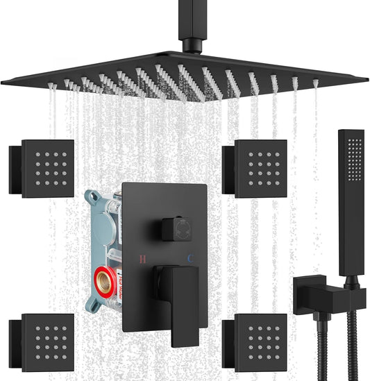 Ceiling Mount Rain Shower Faucet Set with 4 Body Spray Jets Rainfall Shower Head and Handheld Sprayer Multi Shower System Rough-In Valve and Trim Included 12 Inch Shower Head,Matte Black