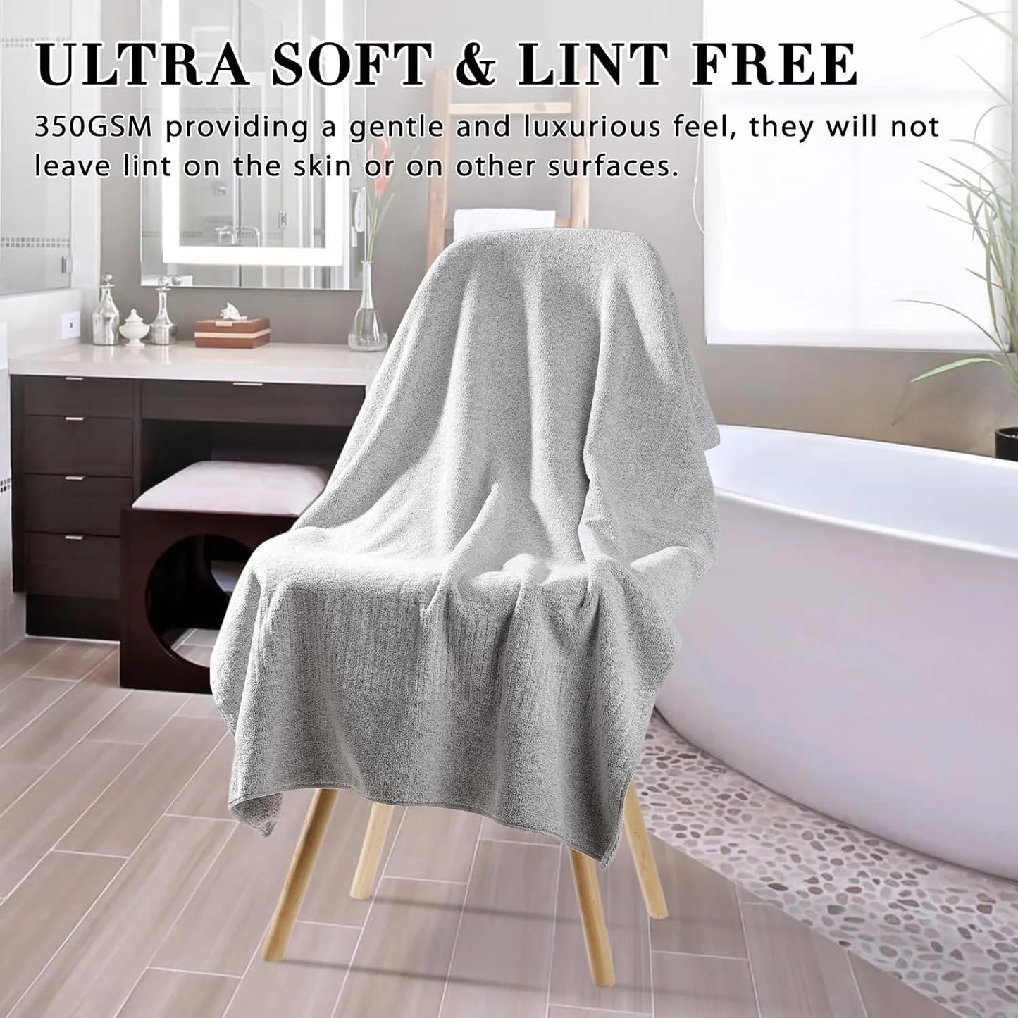 2-Pack 27" X 54" Bath Towels 30% Viscose Made from Bamboo Ultra Soft & Highly Absorbent Solid Premium Bath Towels for Bathroom, Hotels, Spa and Gym, Light Gray