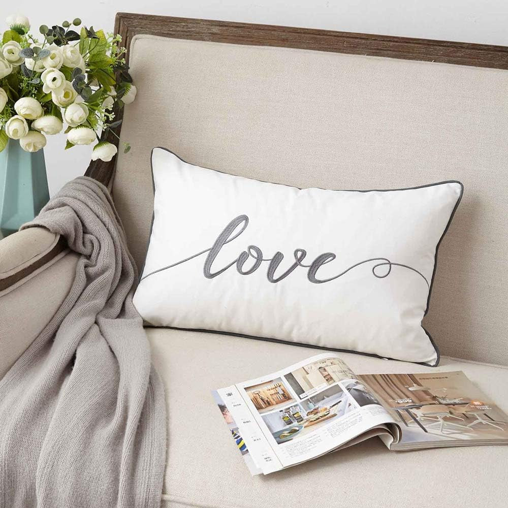 Decorative Throw Pillow Covers 12X20 Inches, Embroidery Love Soft Cotton Lumbar Pillow Case, Gray Rectangular Cushion Cover for Bed, Bedroom, Pack of 1.