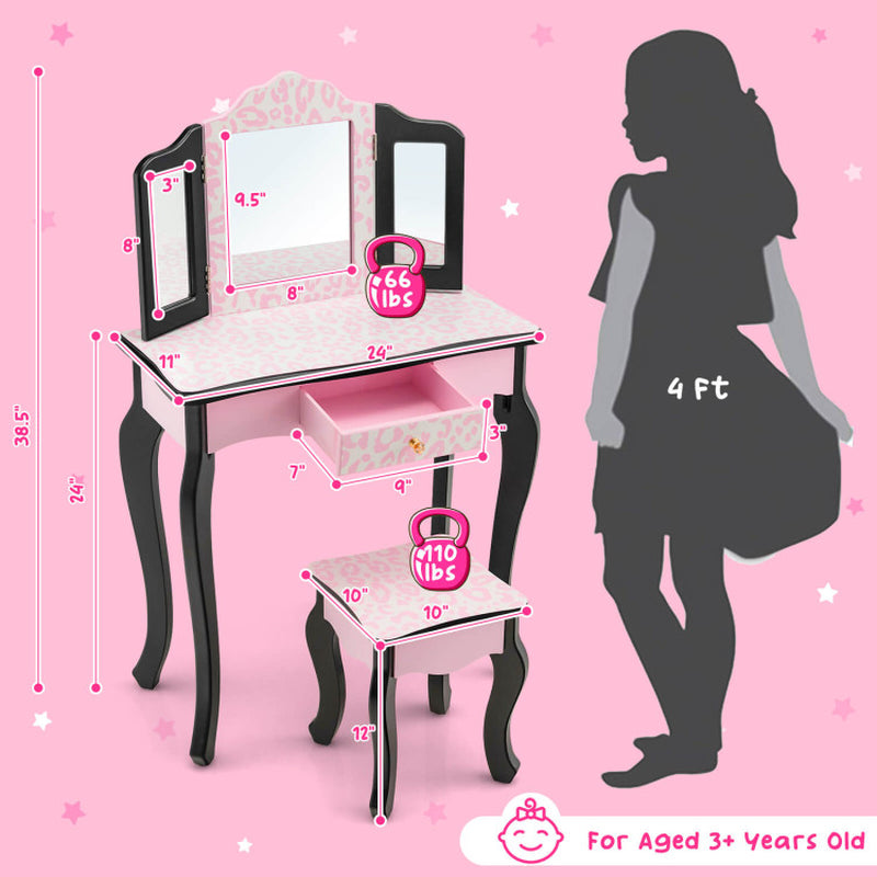 Kid Vanity Set with Tri-Folding Mirror and Leopard Print