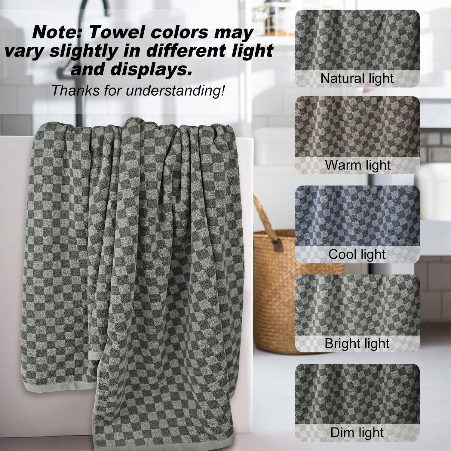 Grey Towels Set of 6, Cotton Towels for Bathroom Quick Drying and Soft, 2 Bath Towels and 4 Hand Towels, Checkered Towel Sets