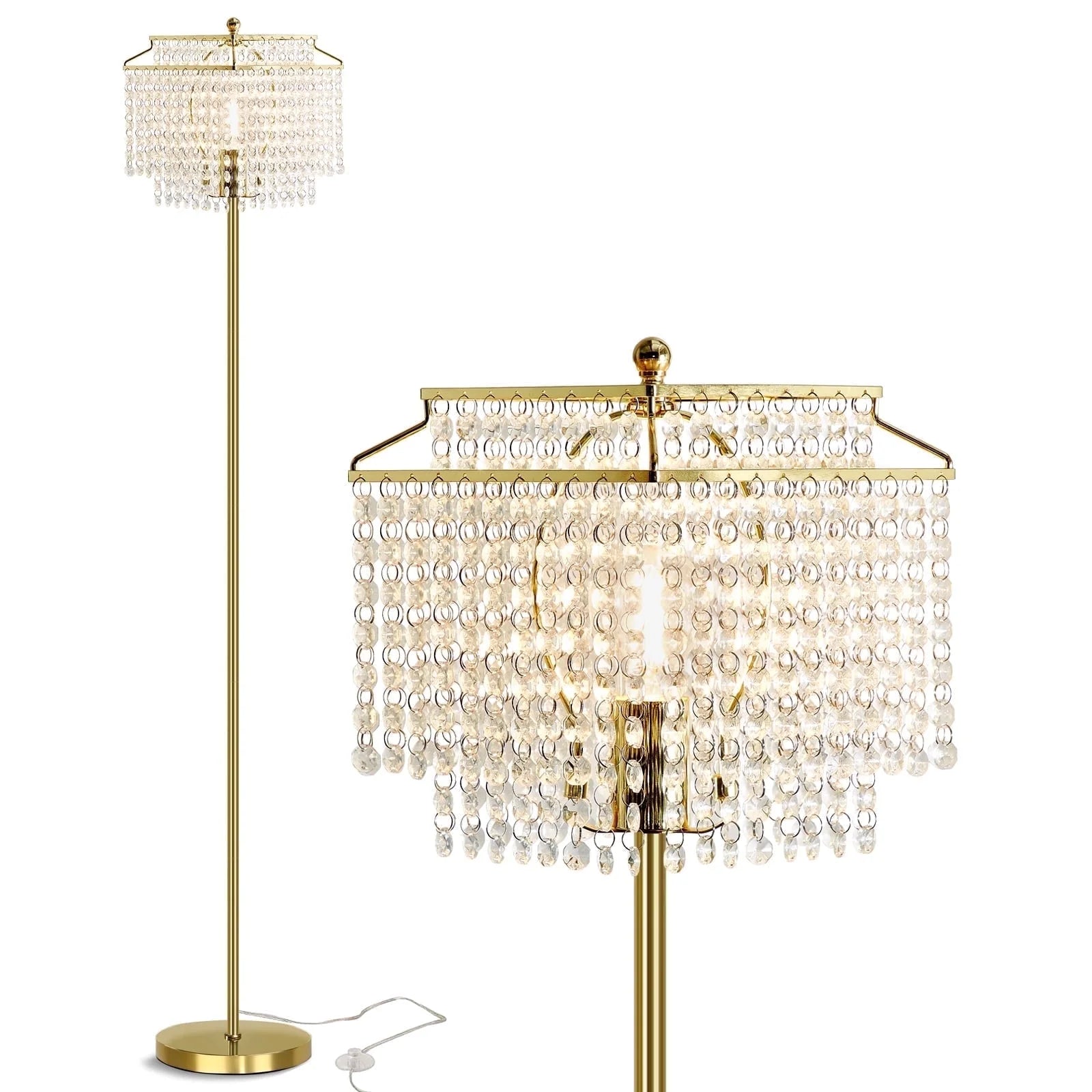 Gold Crystal Floor Lamp , Modern Standing Lamps with Double-Layer Lampshade, On-Off Foot Switch, for Living Room, Bedroom, Office, 8W Bulb Included