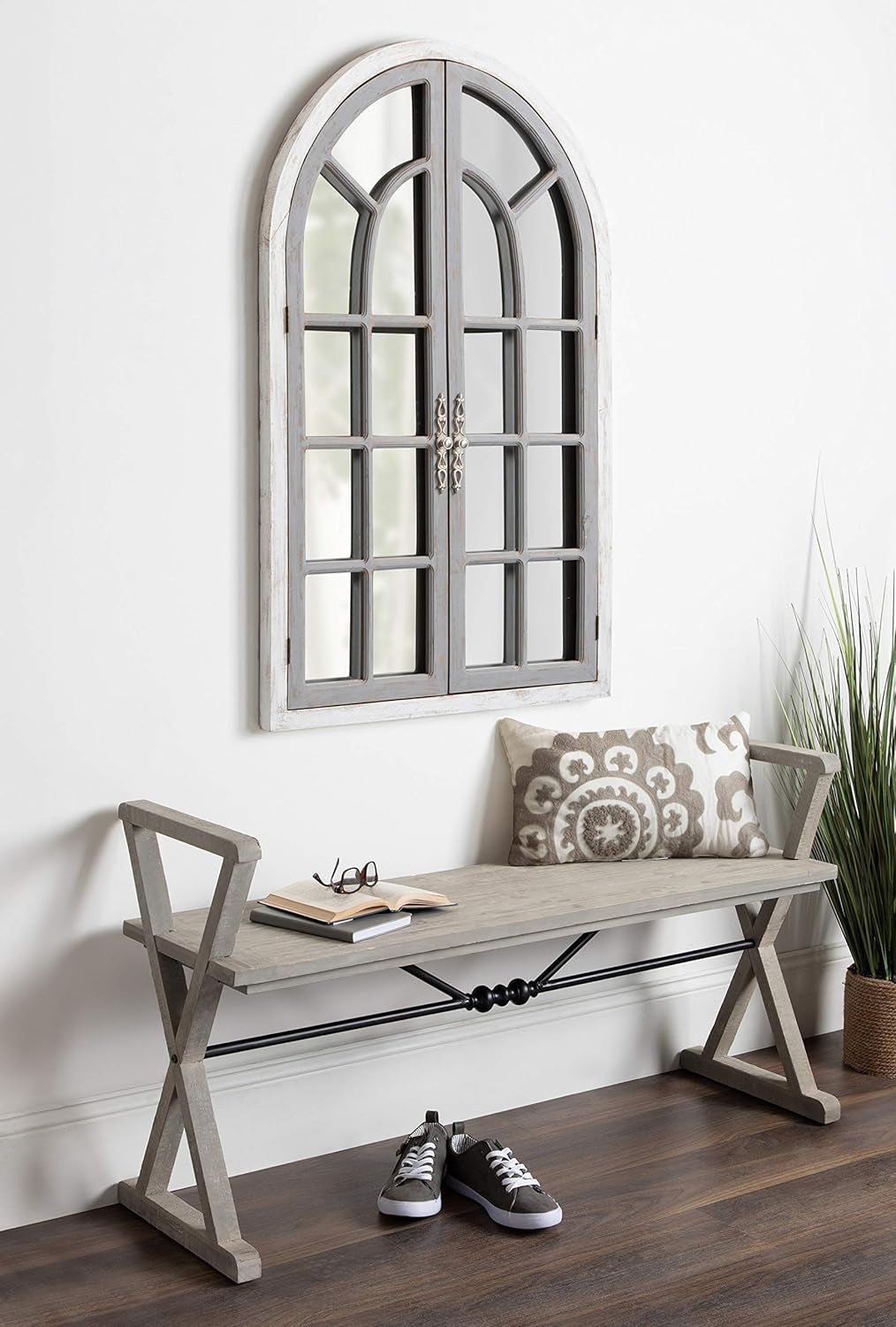 Boldmere Large Traditional Wood Windowpane Arch Mirror, 28X44, Gray and White