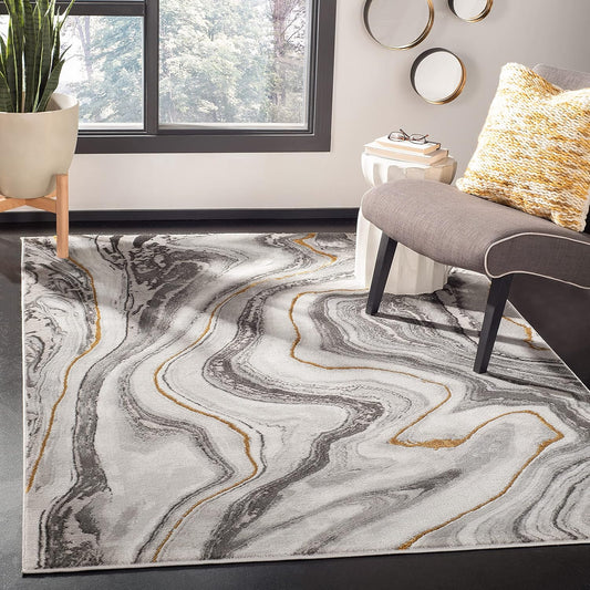 Craft Collection Area Rug - 4' Square, Grey & Gold, Modern Abstract Design, Non-Shedding & Easy Care, Ideal for High Traffic Areas in Living Room, Bedroom (CFT819F)