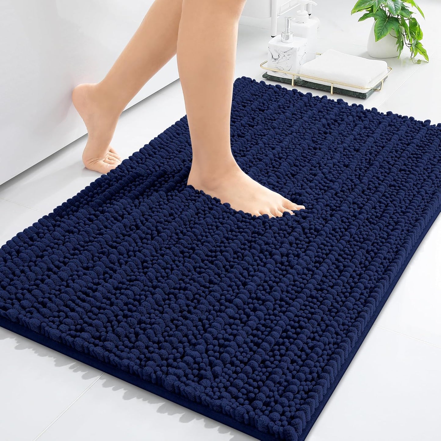 Luxury Chenille Bathroom Rug Mat, Extra Soft Thick Absorbent Shaggy Bath Rugs, Non-Slip Machine Wash Dry, Plush Bath Mats for Bathroom, Shower and Tub, 24X16, Navy
