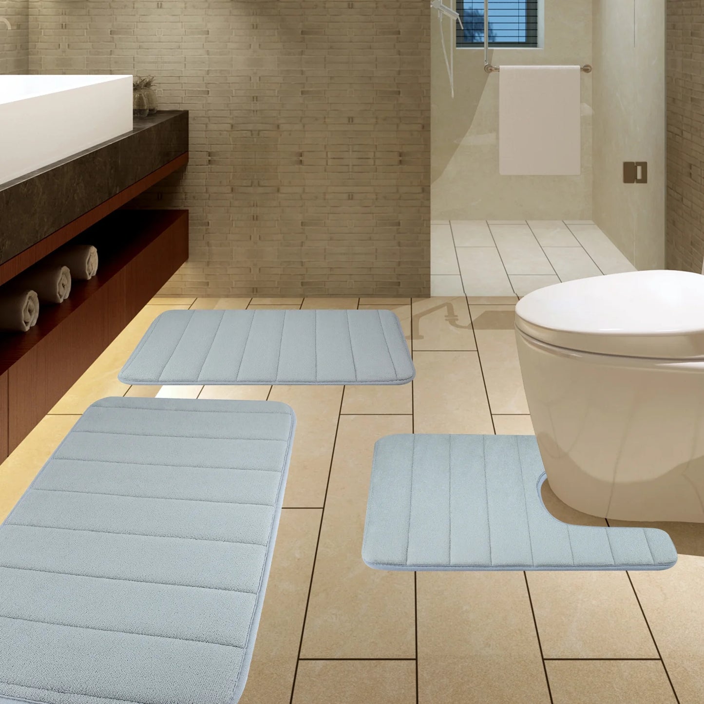 3 Piece Memory Foam Bath Mat Set with U-Shaped Toilet Mat Bathroom Rugs Soft Comfortable Water Absorption Bath Carpet Non-Slip Thick Machine Washable for Kitchen/Living Room(Gray)