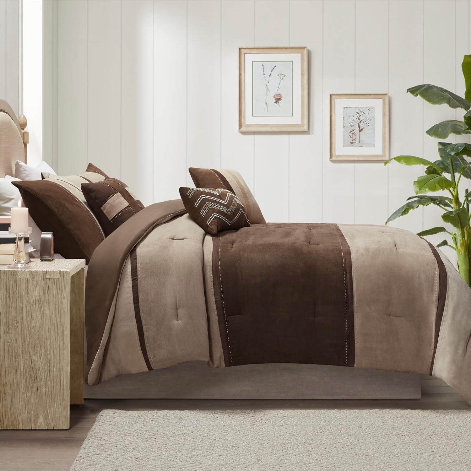 Palisades Comforter Set Modern Faux Suede Pieced Stripe Design, All Season down Alternative Cozy Bedding with Matching Shams, Decorative Pillows, King(104"X92"), Brown 7 Piece