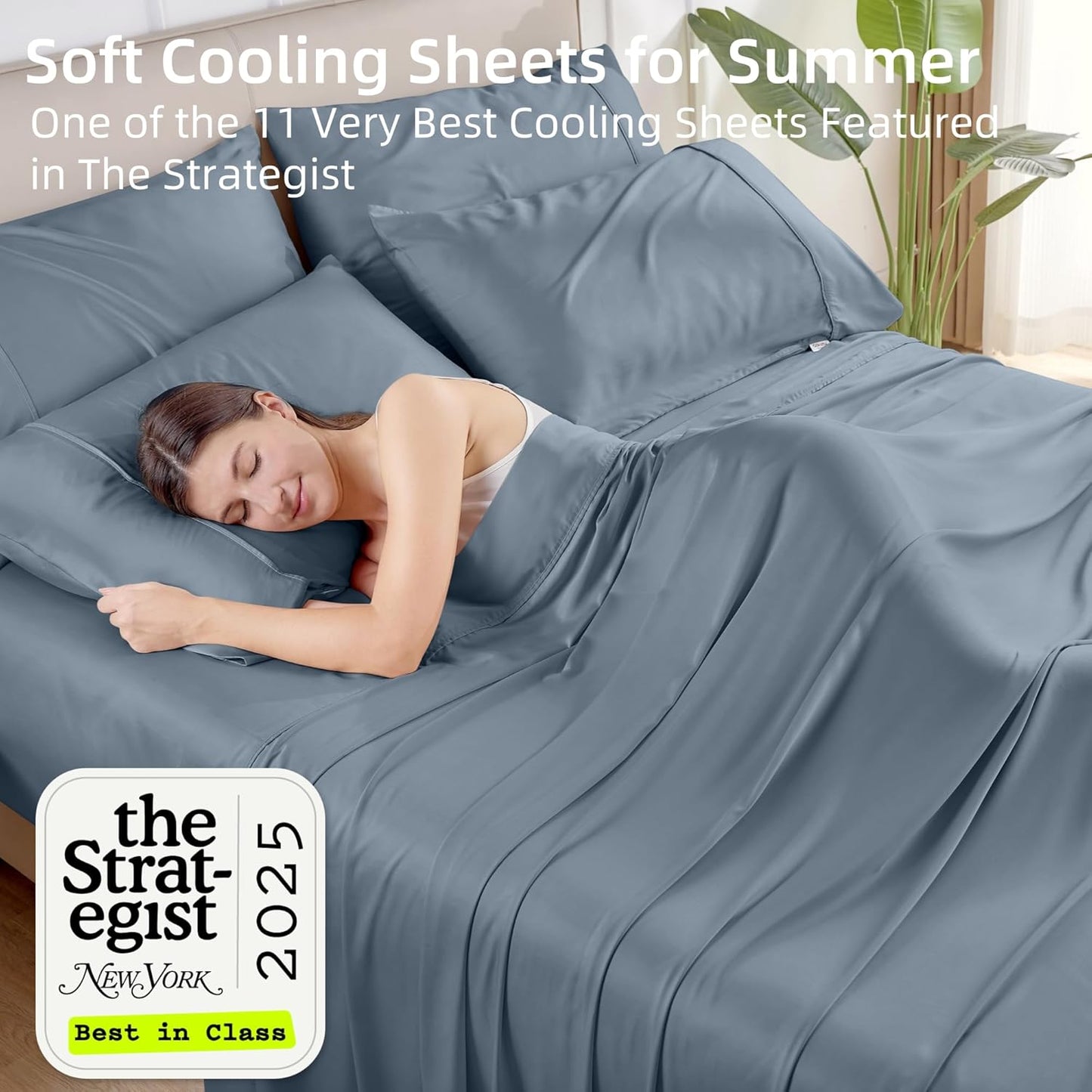 King Size Bed Sheets 4 Piece Set, 100% Rayon Derived from Bamboo, Cooling for Hot Sleepers-Luxury Breathable Soft Sheets, Deep Pocket 16" Fitted Sheet with Elastic Corner Straps, Blue