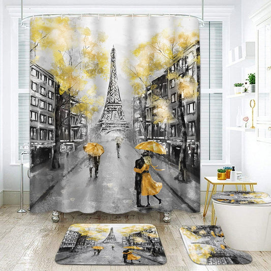 Oil Painting Paris European City Bathroom Set with Shower Curtain and Rugs Accessories, Landscape Yellow Modern Black Shower Curtain Set, Vintage Shower Curtain for Bathroom Decor 4 Pcs