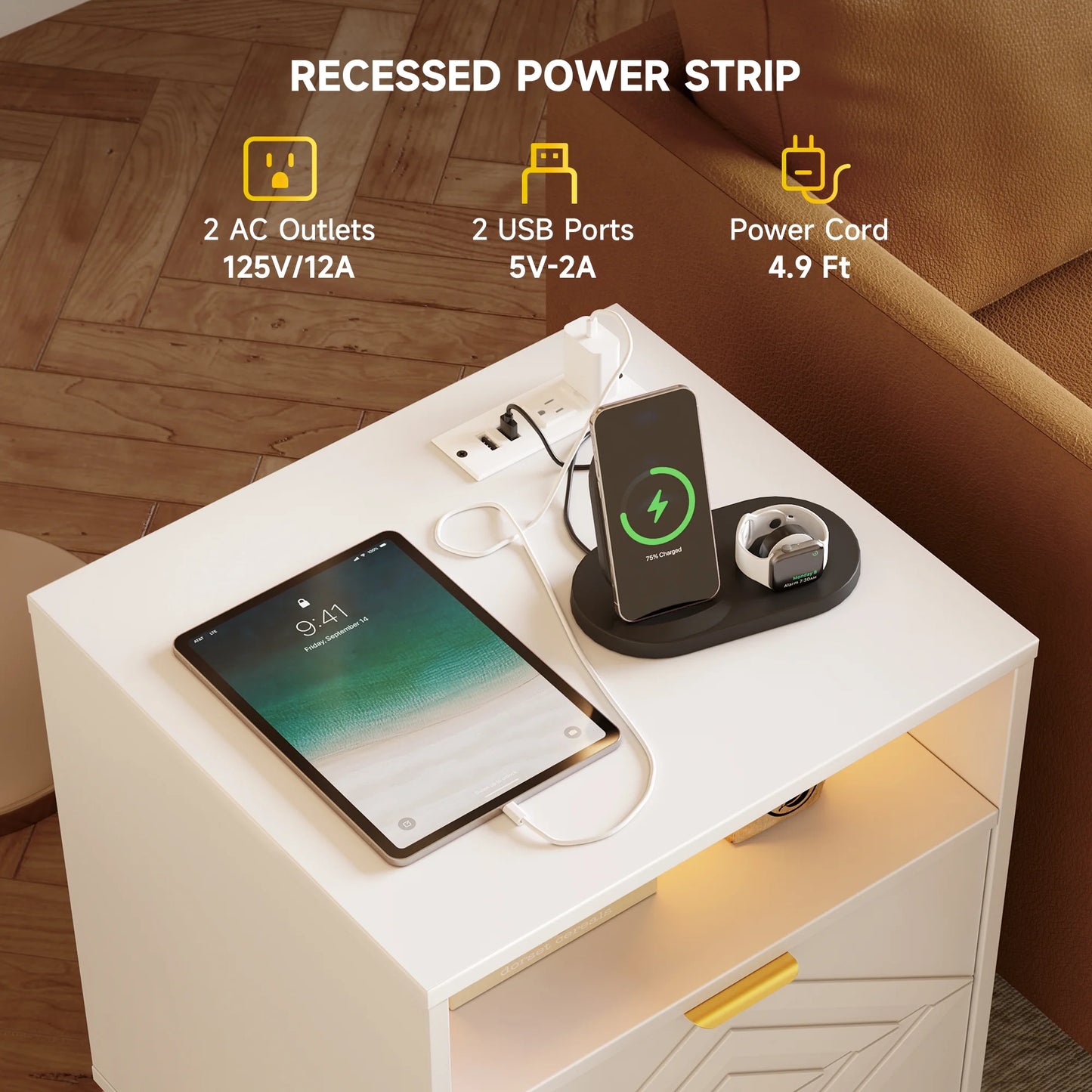 LED Nightstand with 2 Drawers, Charging Station, White Modern Night Table High Gloss End Side Table for Bedroom