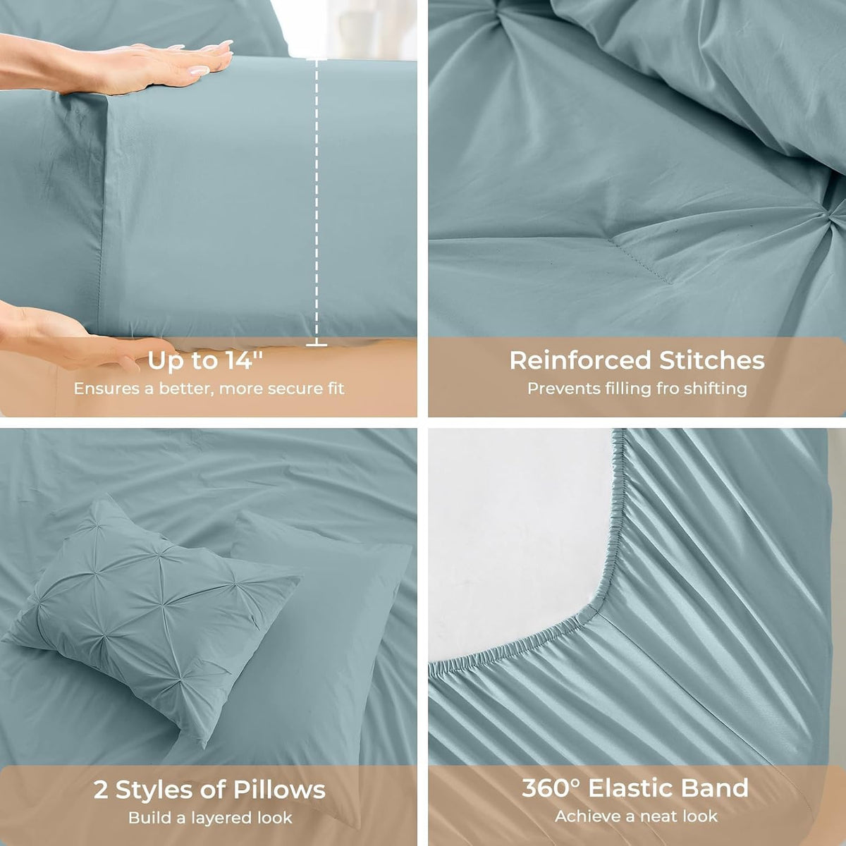 Queen Comforter Set, 7-Piece Bed in a Bag, Pintuck Bedding Sets for All Season, Includes Comforter, Flat Sheet, Fitted Sheet, Pillowcases and Pillowshams, Greylish Blue