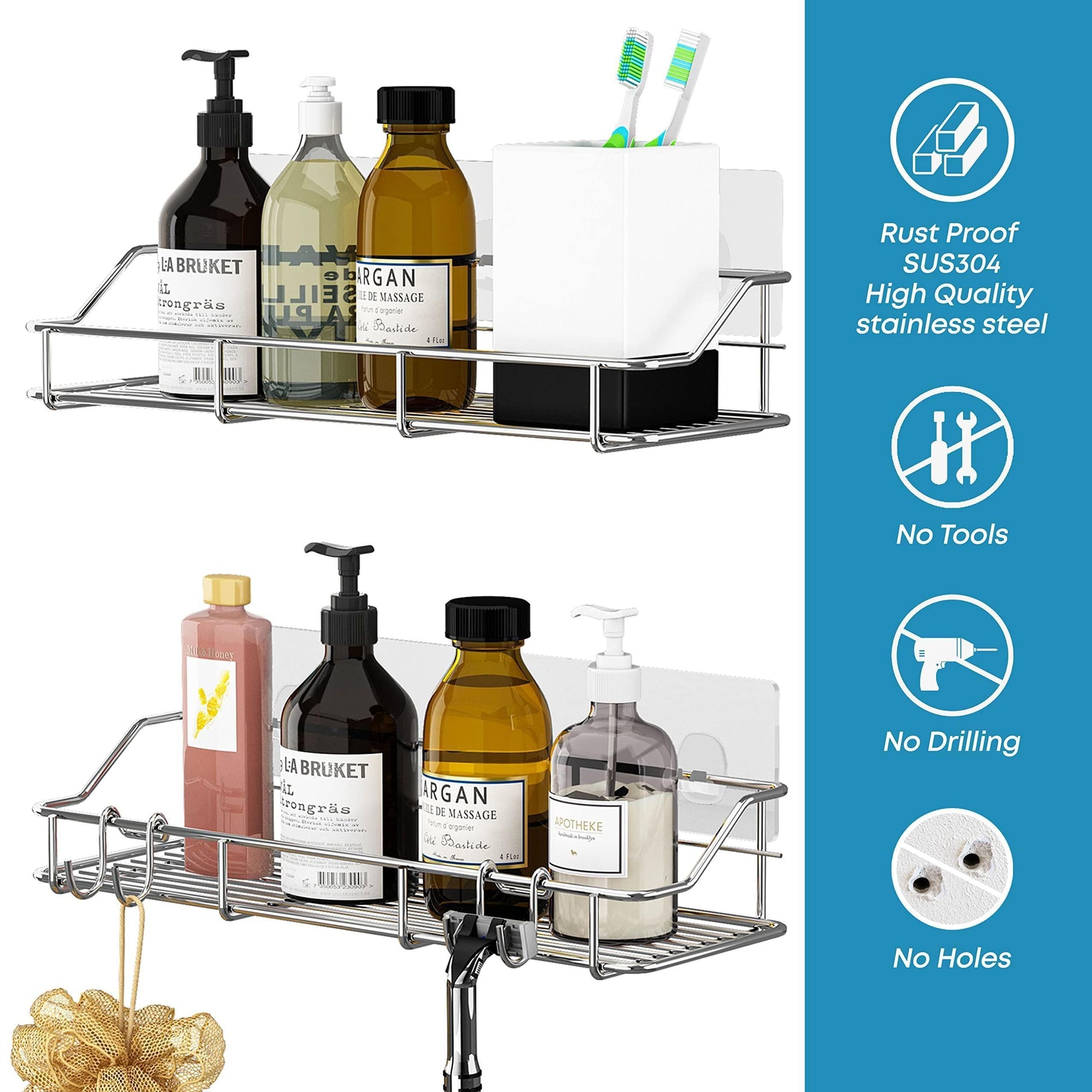 2 Pack Silver Adhesive Shower Caddy Shower Shelf Organizer for Bathroom Organization with Hooks SUS304 Stainless Steel