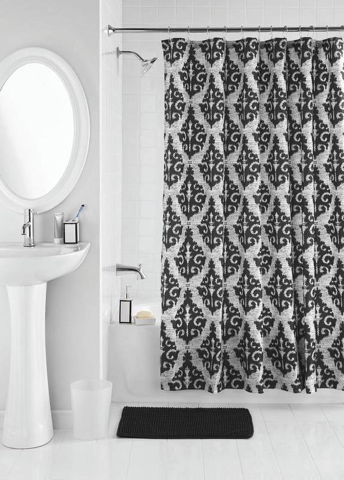 17-Piece Ikat Damask Print Polyester/Ceramic Shower Curtain & Bathroom Accessory Set, Black