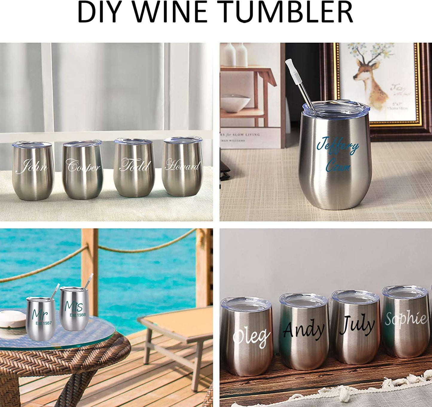 12 Pack Stainless Steel Wine Tumblers, 12Oz Double Wall Vacuum Insulated Wine Tumblers with Lids and Straws, Stainless Steel Stemless Wine Glasses for Coffee, Wine, Cocktails, Champaign, Silver