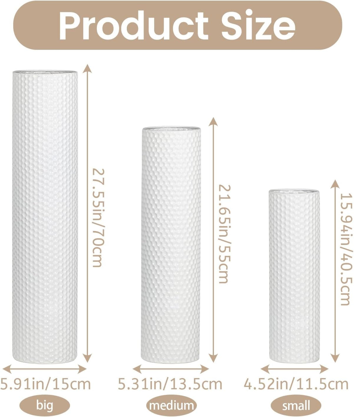 White Tall Floor Vase Set of 3, Metal Cylinder Vases for Corner, 27.6In