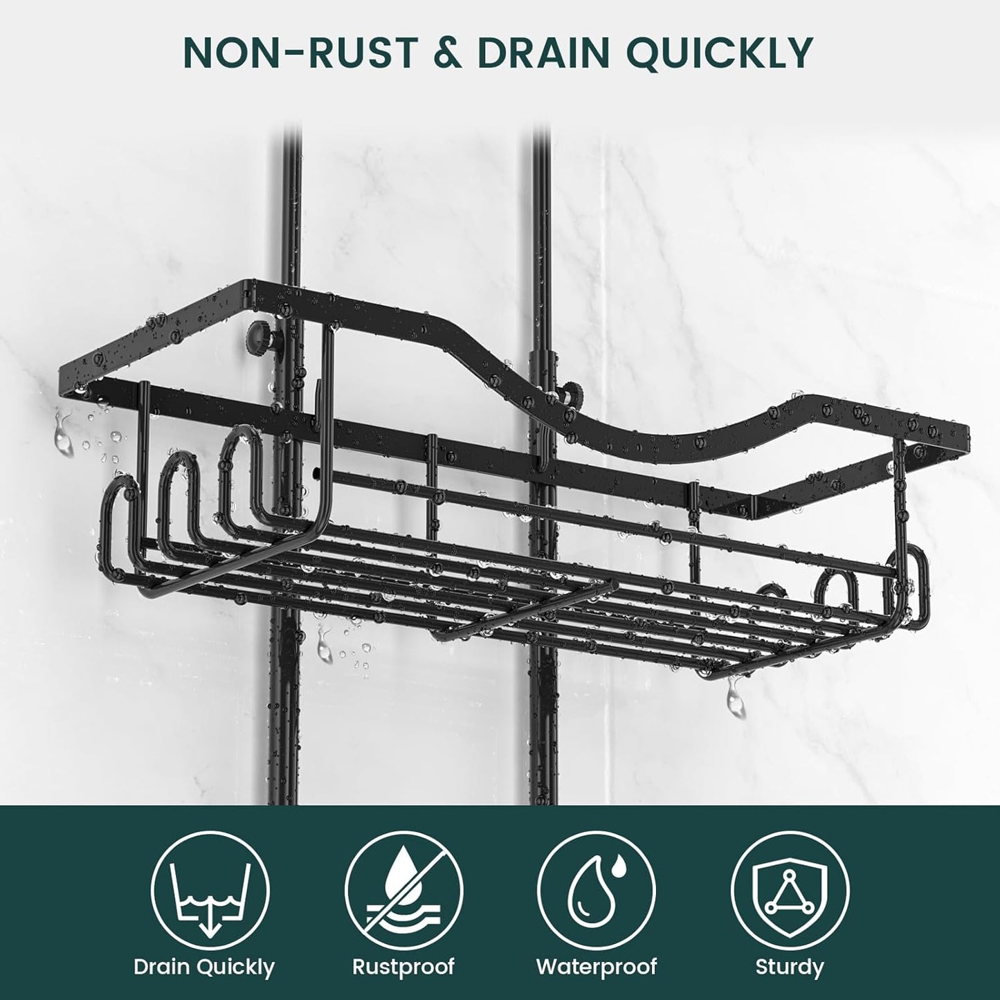 Shower Caddy Hanging Adjustable Shower Caddy, Rustproof Shower Organizer Extended Length Shower Caddy over Shower Head with Hooks Soap Holder, Large Capacity Anti-Swing Bathroom Organizer, Black