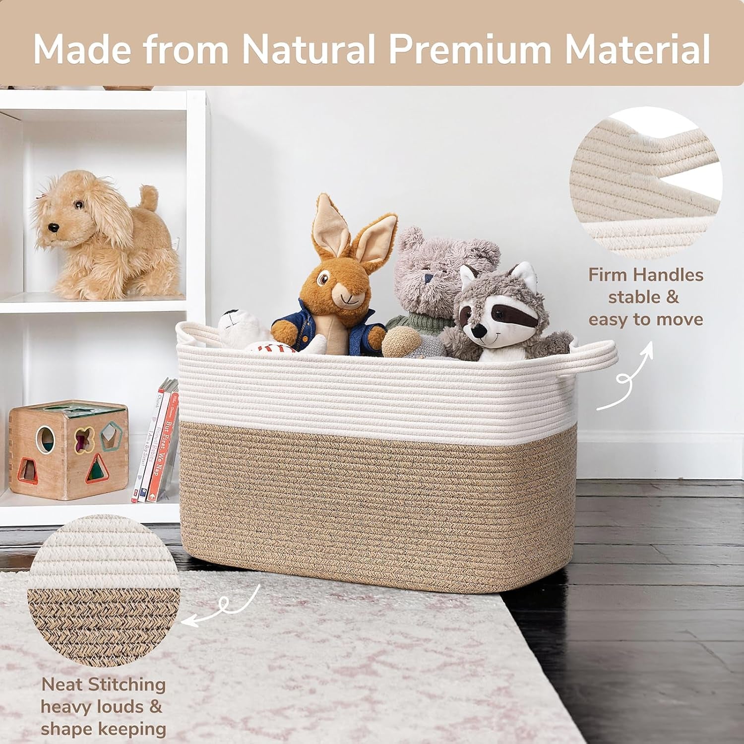 Large Woven Rope Blanket Basket, Rectangle, White & Light Brown | 21.6" × 14.9" × 11.8" Storage Basket for Pillows & Toys Laundry, Nursery & Living Room Organization, Reinforced Handles
