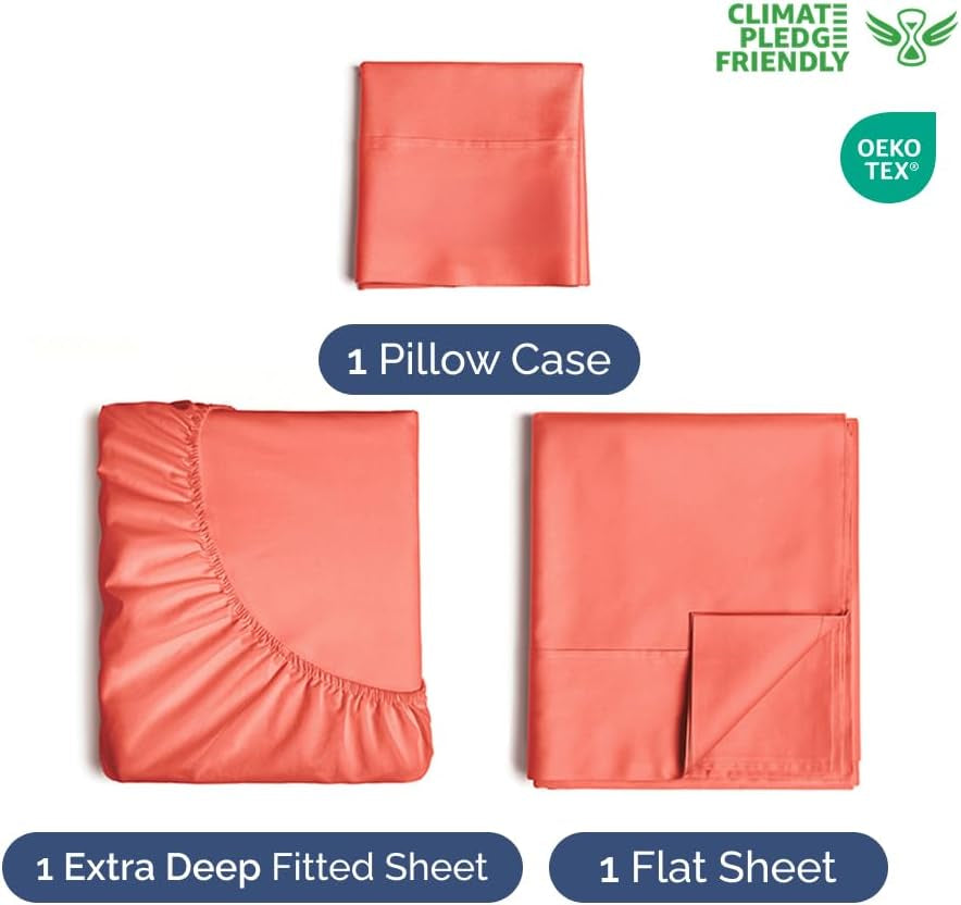 Extra Deep Pocket Twin Sheets - 3 Piece Breathable & Cooling Bed Sheets - Hotel Luxury Bed Sheet Set - Soft, Wrinkle Free & Comfy - Easily Fits Extra Deep Mattresses - Deep Pocket Coral Sheets Set