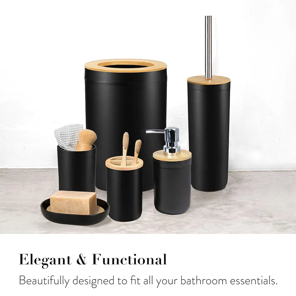 Bathroom Soap Toothbrush Holder Dish Set, Elegant 6-Piece Bamboo & Plastic Accessories, Black