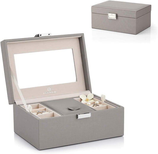 Jewelry Box, Travel Jewelry Organizer Case for Women Girls Men, 2 Layer Medium Jewelry Storage with Removable Tray for Necklace Earrings Rings Bracelets Watches, Birthday Vintage Gift, Grey