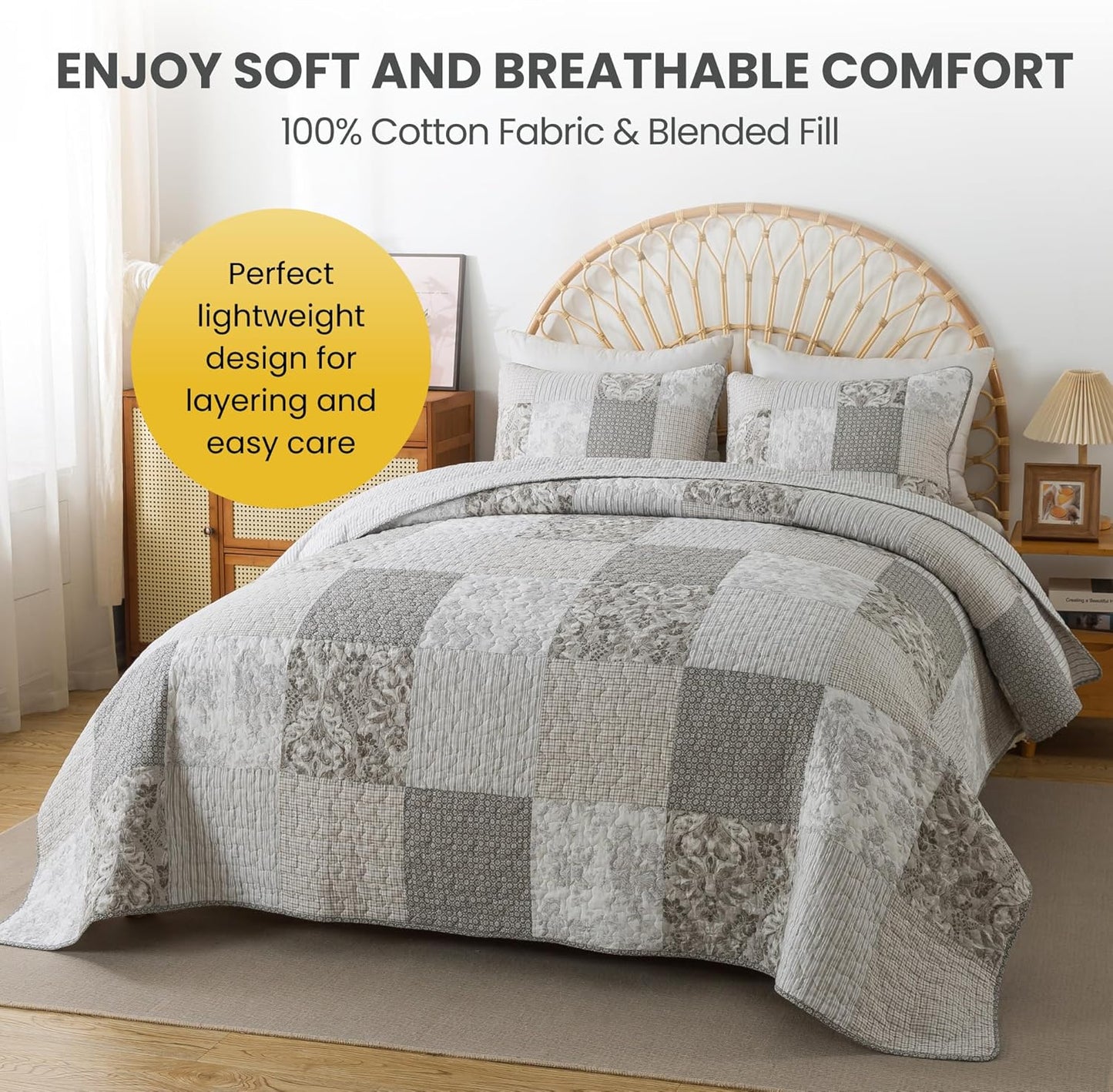 Silver Linings Cotton Quilt Set - Queen Size with 2 Shams, Neutral Pieced Patchwork Design, Country Silver Gray Quilted Comforter, Lightweight Summer Farmhouse Bedspread