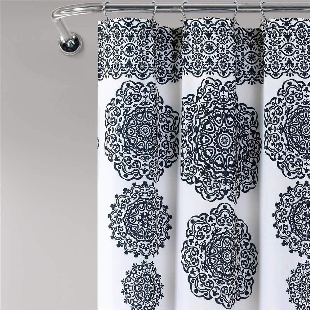 Stripe Medallion Shower Curtain-Fabric Mandala Bohemian Damask Print Design, 72" X 72", Navy