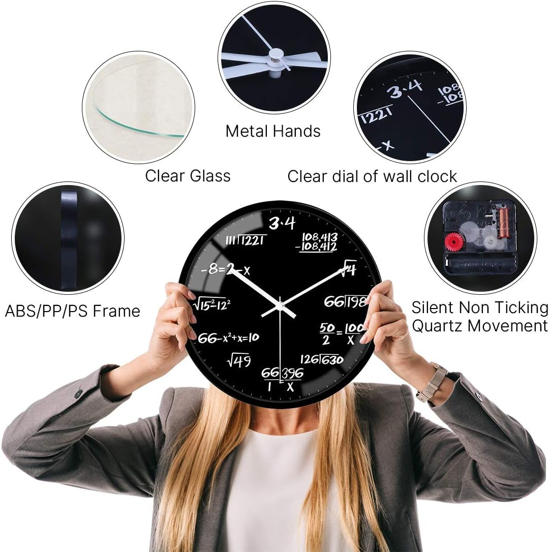 Glass Wall Clock 12 Inch Math Teaching Style Clock Black Battery Operated Quartz Silent Non Ticking Wall Clocks for Classroom Bedroom Study Room