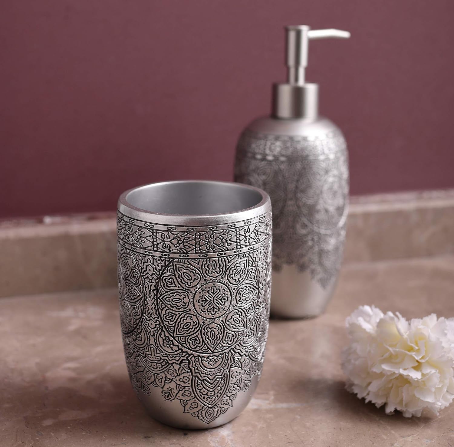 Bathroom Accessories Set,Toothbrush Holder,Farmhouse Bathroom Decor,4 Pcs Resin Gift Set Apartment Necessities, Contain Toothbrush Cup,Soap Dispenser,Soap Dish,Tumbler