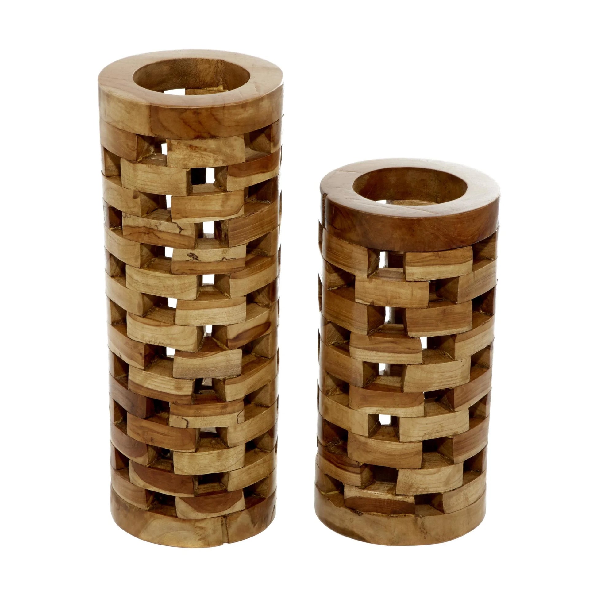 16", 12"H Handmade Brown Teak Wood Vase with Cut Out Patterns, Set of 2