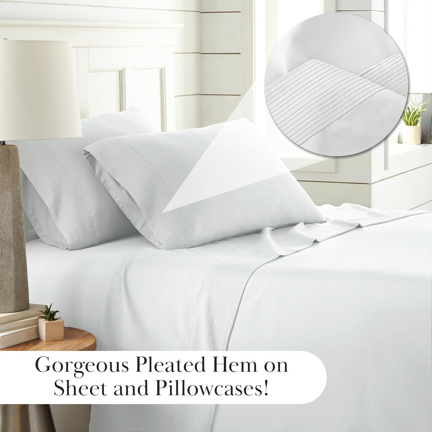 Southshore Fine Living Vilano Pleats, 4-Piece, 21-Inch Extra Deep Pocket Sheet, Queen Sheets with Flat Sheets and Pillowcase, Easy Care and Shrinkage-Free Deep Pocket Sheets, Sheet Set, Bright White