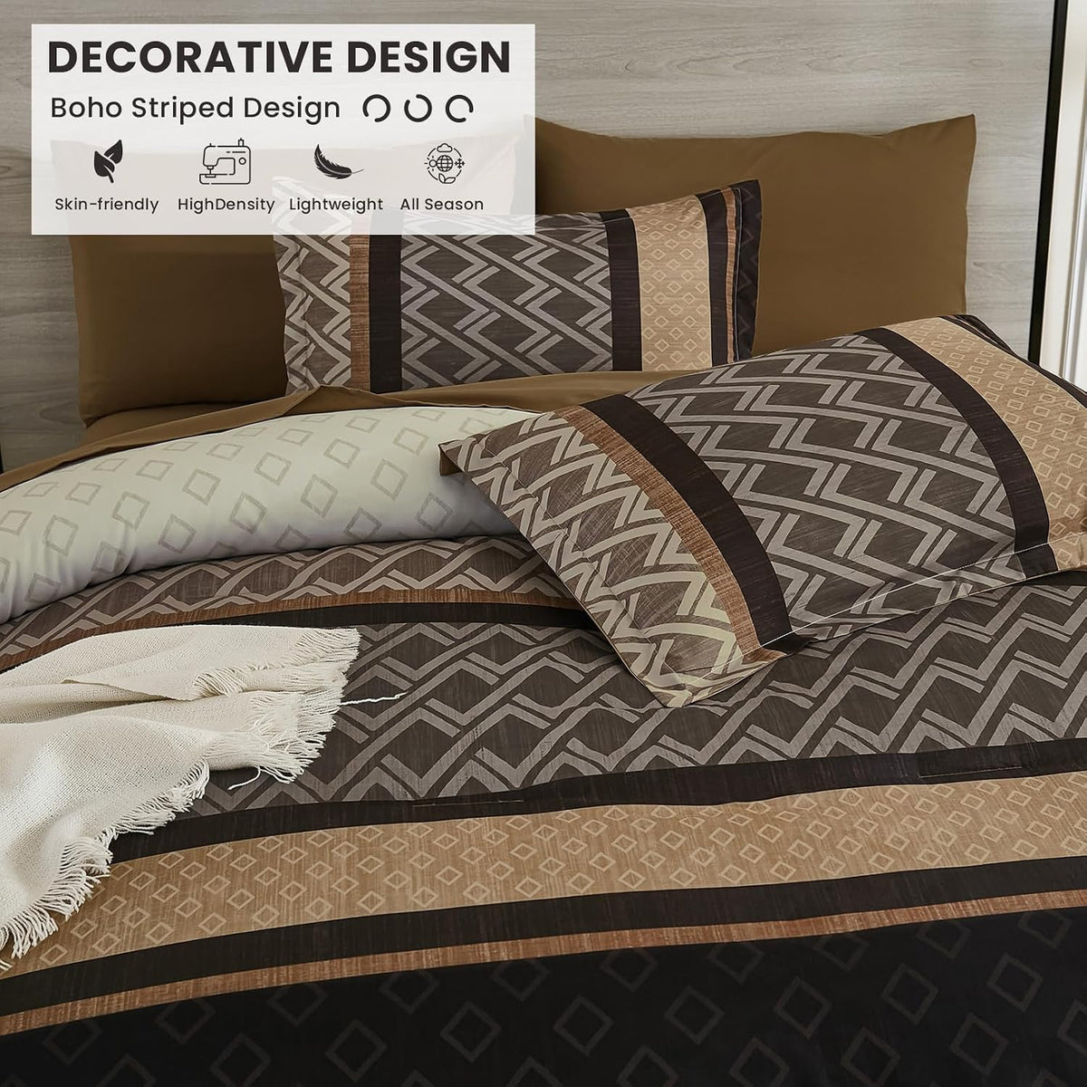 Brown Comforter Set King Size,Fall Striped Bed in a Bag