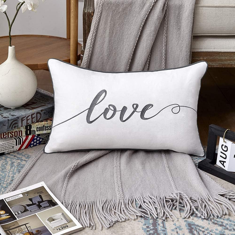 Decorative Throw Pillow Covers 12X20 Inches, Embroidery Love Soft Cotton Lumbar Pillow Case, Gray Rectangular Cushion Cover for Bed, Bedroom, Pack of 1.