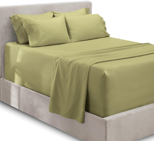 Luxury Soft 6 Piece Bed Sheet Set Extra Deep Pocket Fitted Sheets Fits Mattress up to 21", Double Brushed Bedding, Queen, Sage