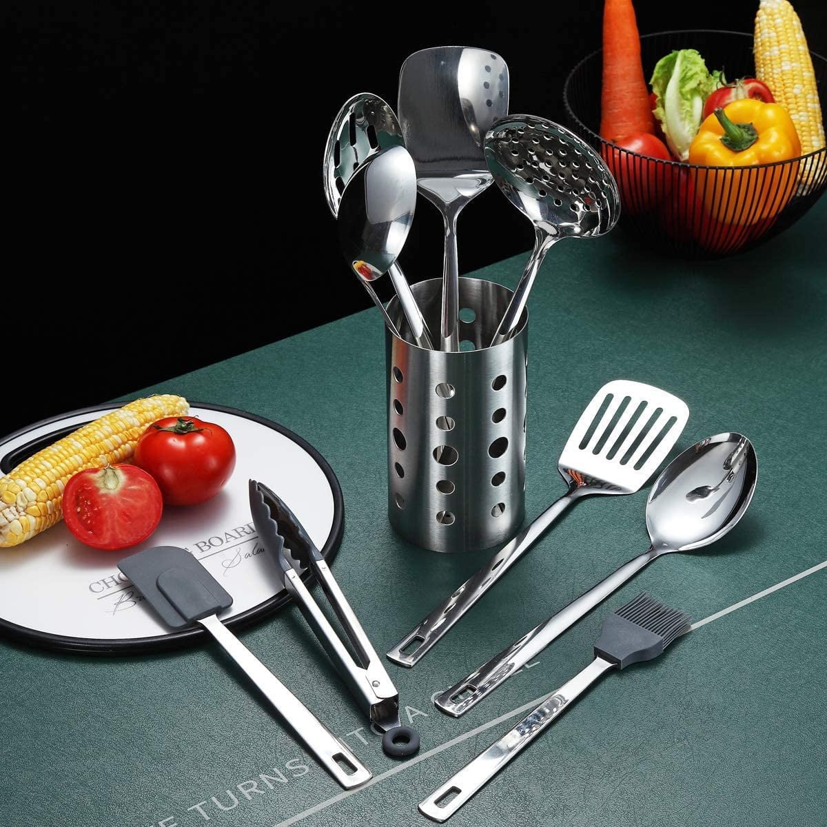 13 Pieces Shiny Stainless Steel Kitchen Utensils Set with Utensil Holder