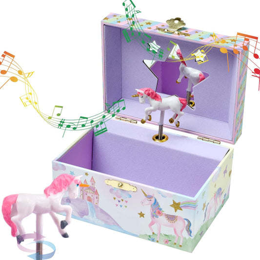 Musical Jewelry Box for Girls with Spinning Unicorn, Glitter Rainbow and Stars Design Music Box for Necklace, Earrings, and Accessories, Plays the Beautiful Dreamer Tune