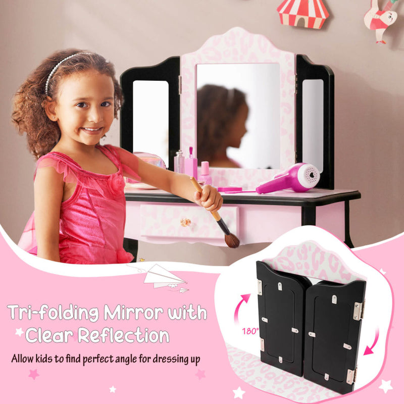 Kid Vanity Set with Tri-Folding Mirror and Leopard Print