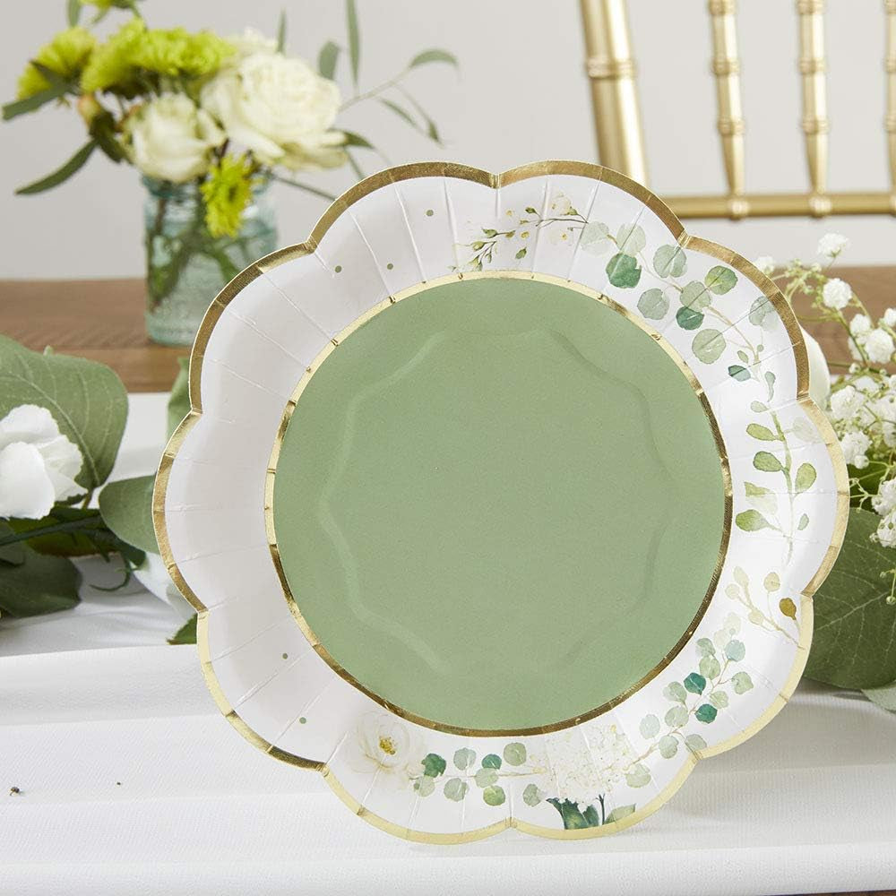 Sage Green Party Decorations, Eucalyptus Floral Print 7 In. Decorative Premium Paper Plates (350 GSM Weight -Set of 16) - Perfect for Greenery Baby Shower & Bridal Showers