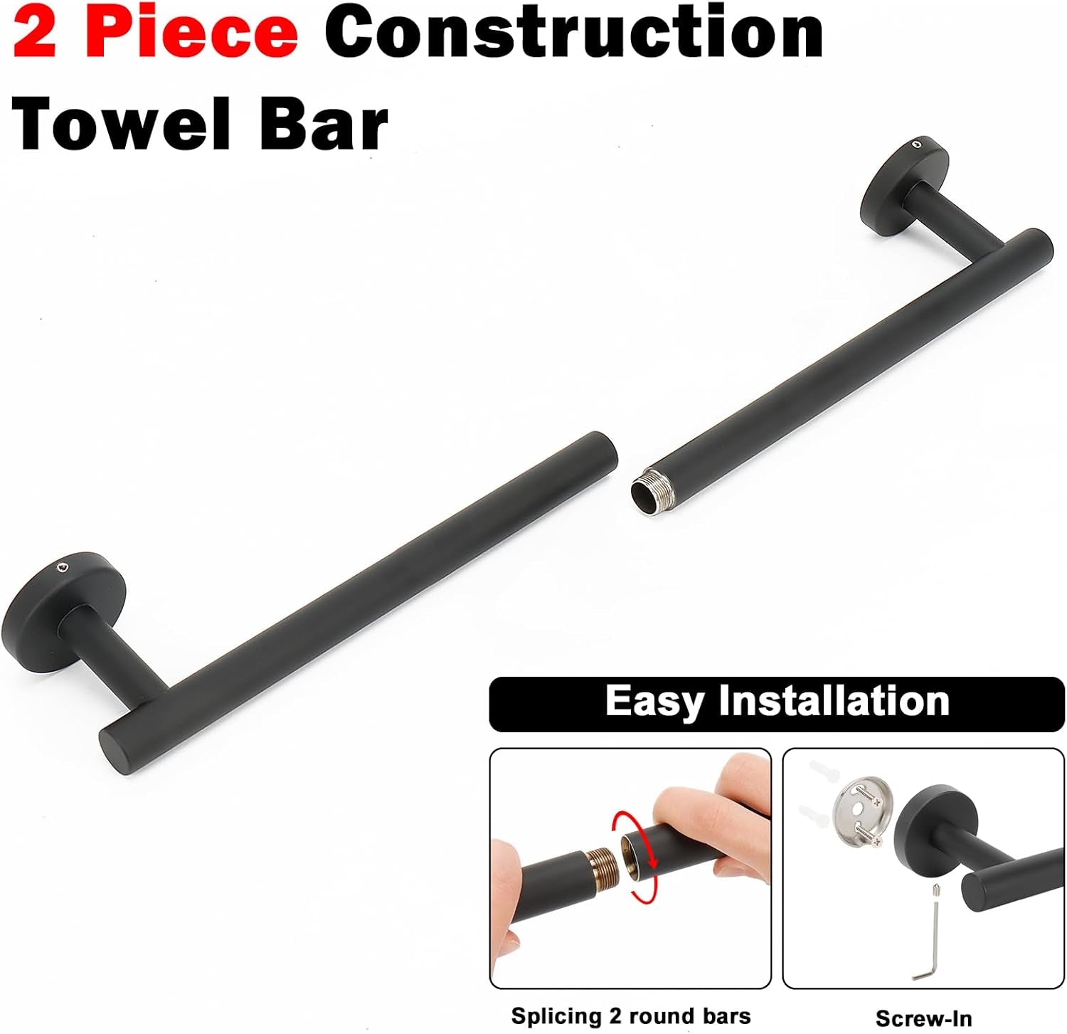 Bath Towel Bar, Bath Accessories Thicken Stainless Steel Shower Towel Rack for Bathroom, Towel Holder Wall Mounted (1 Pack, Matte Black, 24 Inch)