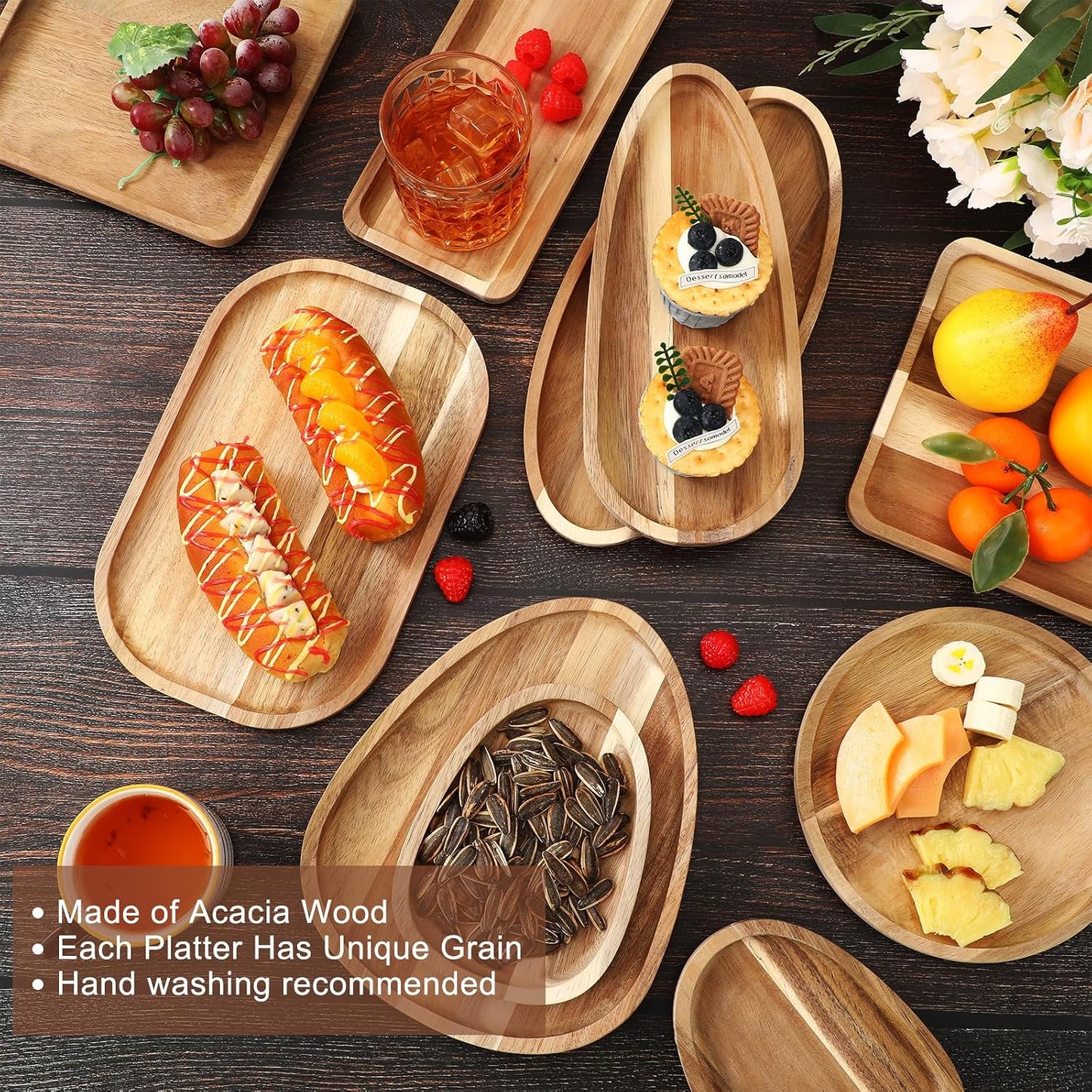 Set of 10 Acacia Wood Serving Platter and Trays Multi Shape Wood Plates Serving Tray Acacia Wooden Charcuterie Board for Cookie Dessert Coffee Wedding Housewarming Gift(Classic Style)