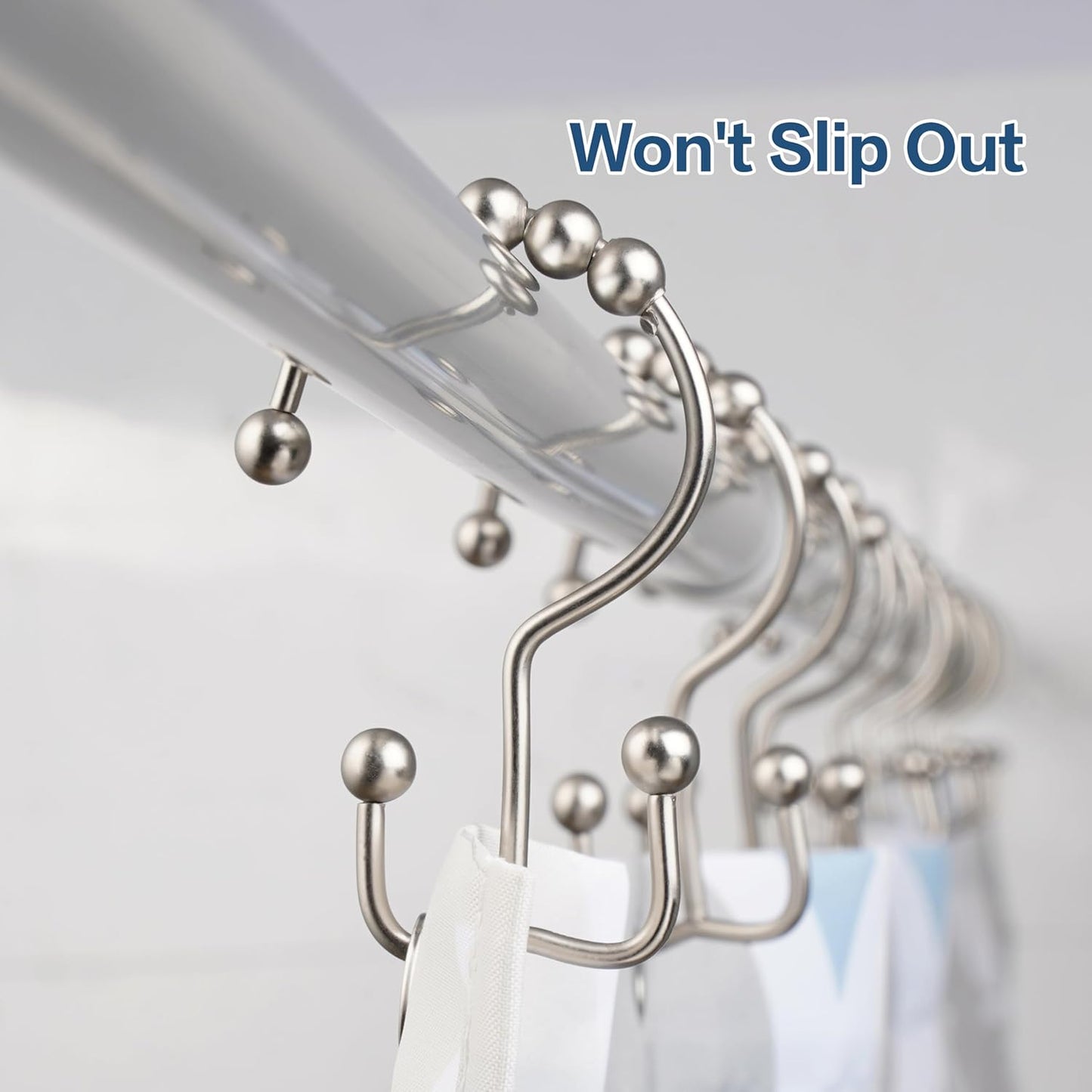 Shower Curtain Hooks, Rust Proof Metal Easy Glide Double Rings, Stainless Steel Hangers for Bathroom Curtains, Set of 12, Brushed Nickel