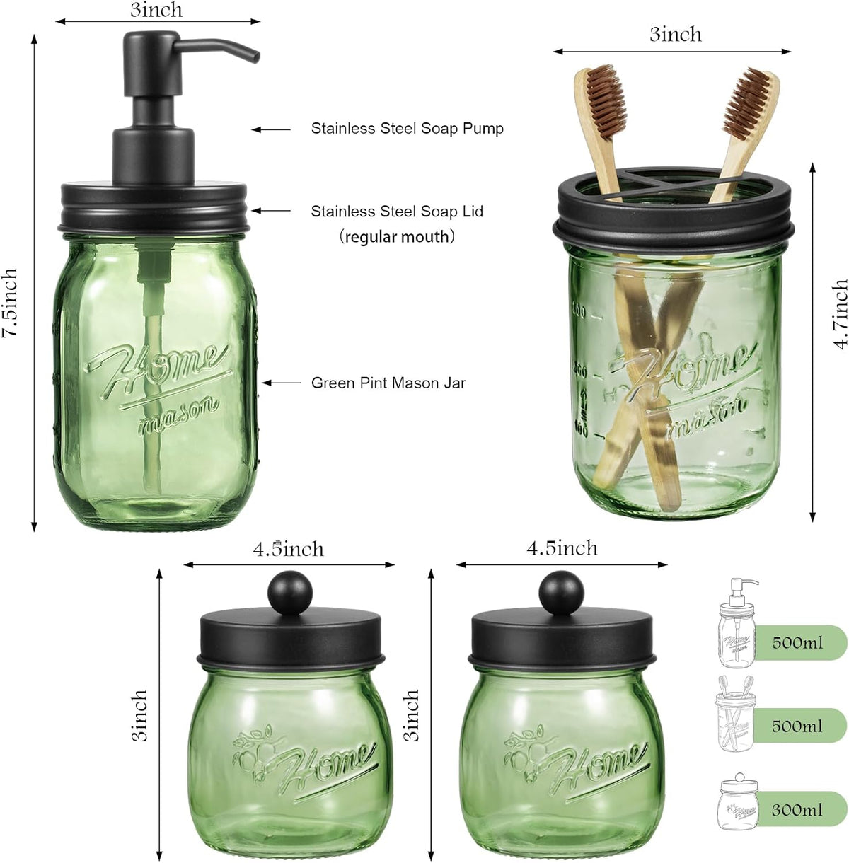 4PCS Bathroom Accessories Set, Green Glass Organizer Sets, Black | Lotion Soap Dispenser, Toothbrush Holder, 2 Qtip Holders, Rustic Farmhouse Decor for Countertop, Vanity, Bathroom Essentials