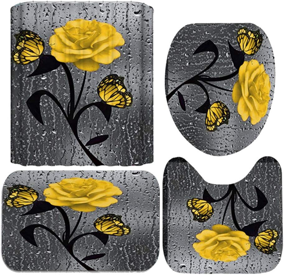 4Pcs Yellow Shower Curtain Set with Rugs Waterproof Soft Bathroom Set with Non-Slip Rugs Toilet Lid Cover Bath Mat Polyester Fabric Shower Curtains for Bathroom Decor and Gifts