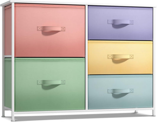 Kids Dresser with 5 Drawers - Storage Chest Organizer Unit with Steel Frame, Wood Top & Handles, Tie-Dye Fabric Bins for Clothes - Wide Furniture for Bedroom Hallway Kids Room Nursery & Closet
