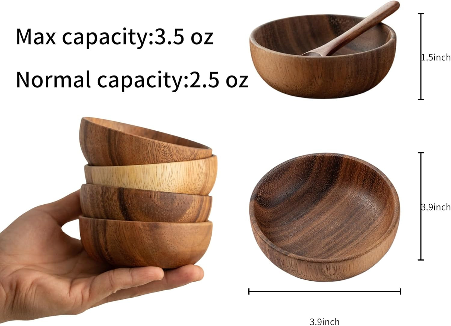 Wooden Dipping Bowls, 4 Pack Sauce Bowls, 2.5 Oz Sauce Dish, Acacia Wood Sauce Bowls for Ketchup, Barbecue Sauce, Dressings, Appetizers
