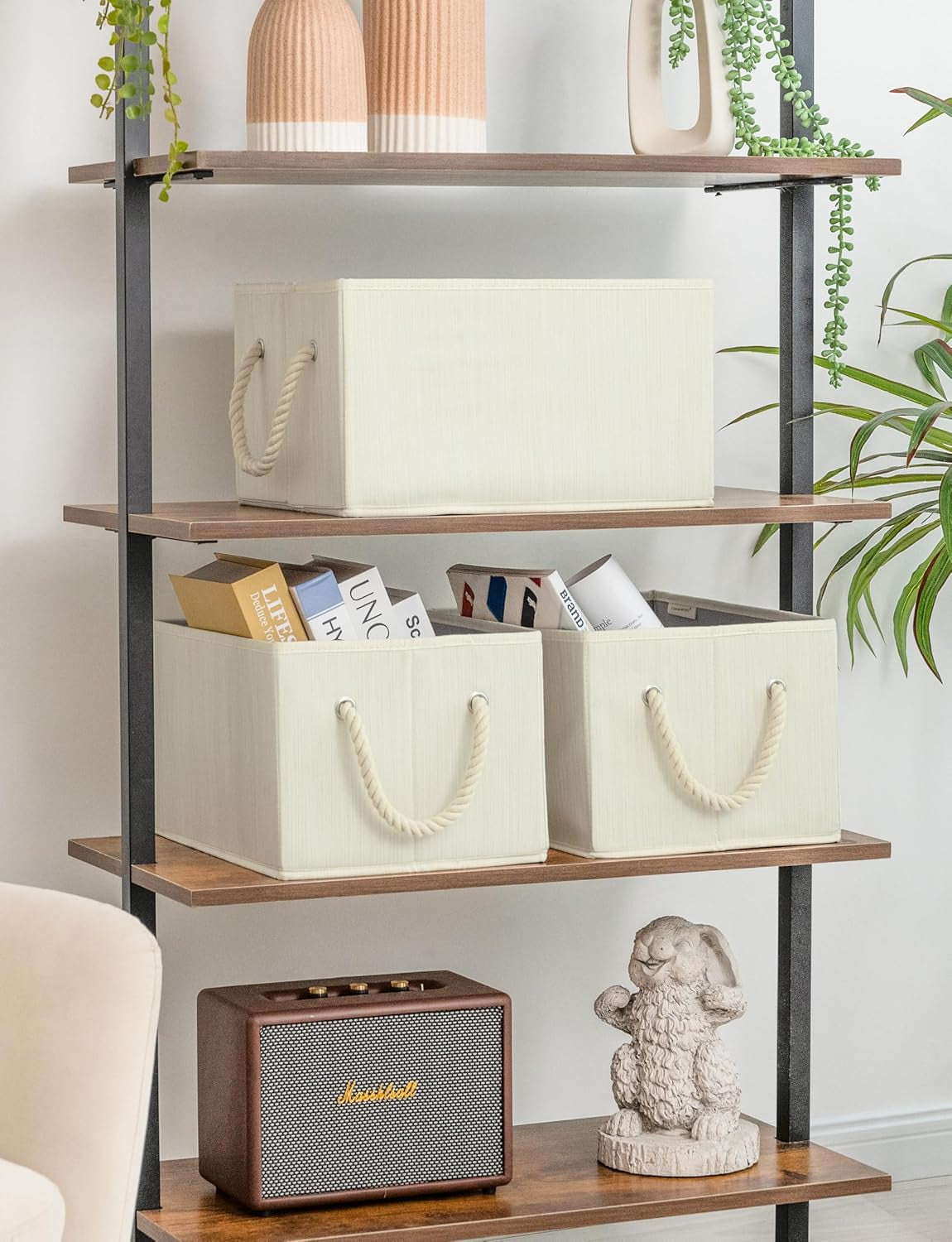 Storage Baskets for Shelves, Foldable Fabric Closet Storage Bins with Handles, Fabric Storage Bins Clothes Organizer, Beige, White & Ivory, 3-Pack, Large