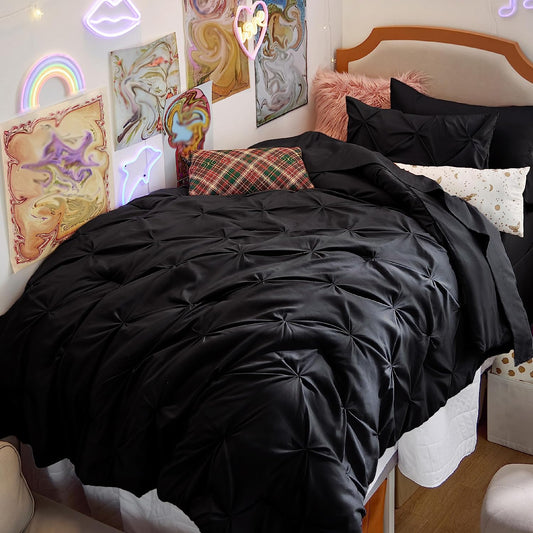 Twin Comforter Set Black - Bed in a Bag Twin Size 5 Pieces, Gentlesoft™ Pintuck Bed Set Gift for Family, Pinch Pleat Black Comforter with Sheets, Pillowcase & Sham