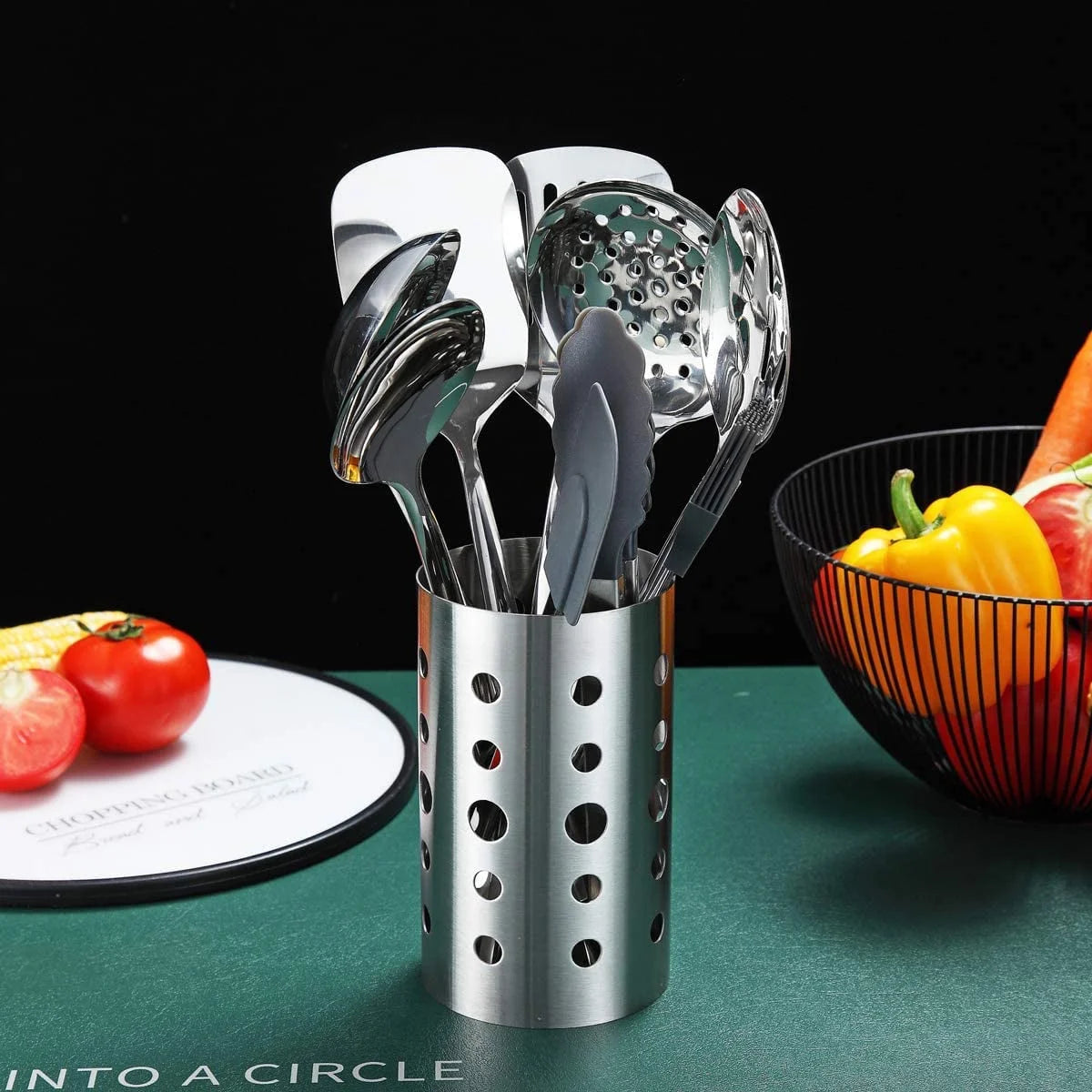 13 Pieces Shiny Stainless Steel Kitchen Utensils Set with Utensil Holder