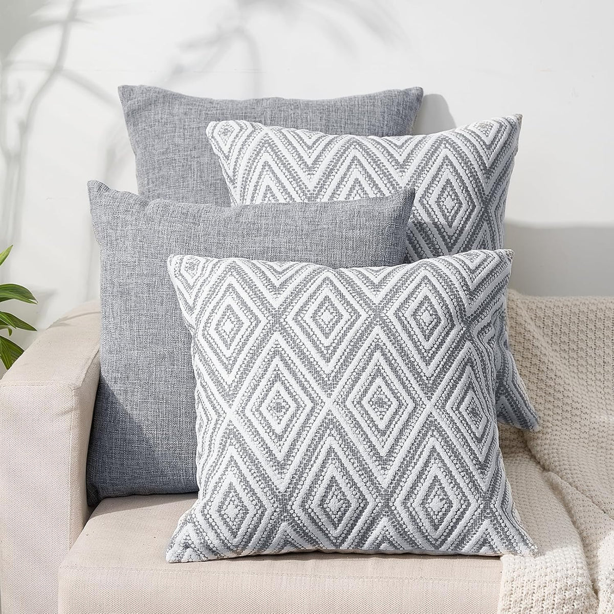 Throw Pillow Covers 18X18, Set of 4, Grey Textured Couch Pillow Covers | Polyester Fabric, Patterned and Solid Designs, Hidden Zippers, Machine Washable, for Sofas and Beds, Inserts Not Included