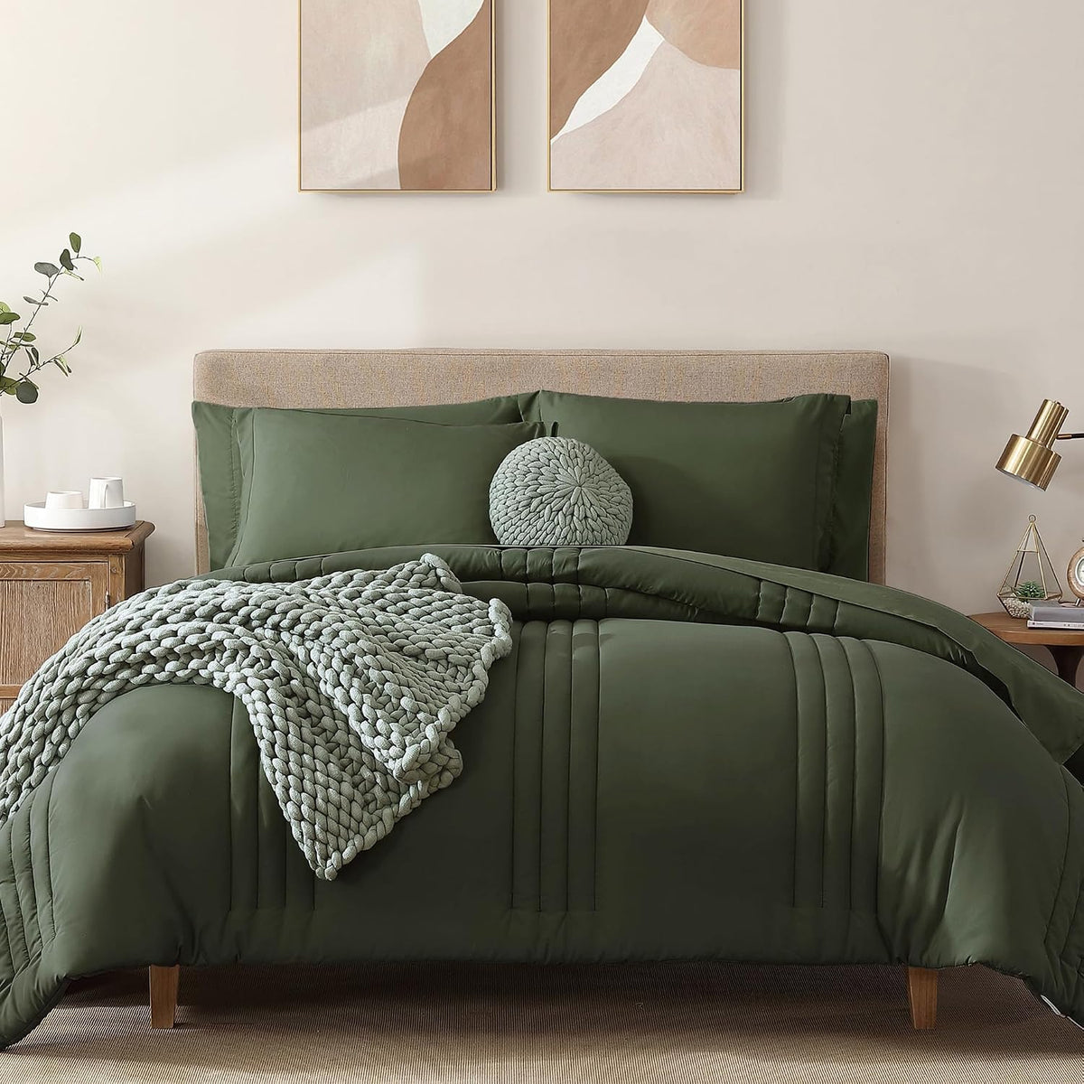 Queen Comforter Set-7 Pieces Green Soft Bed in a Bag Queen Bedding Sets